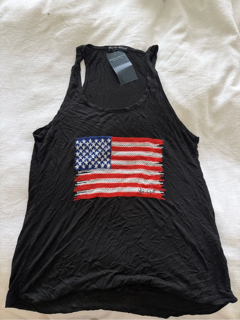 Vintage Brandy Melville Black Racerback Tank with American Flag Graphic NWT